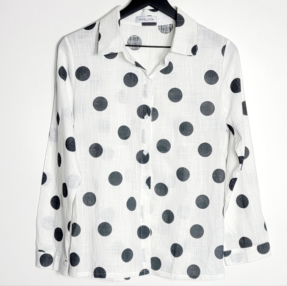 Misslook Polka Dots Black White Lightweight Women's Button Down Shirt Size S